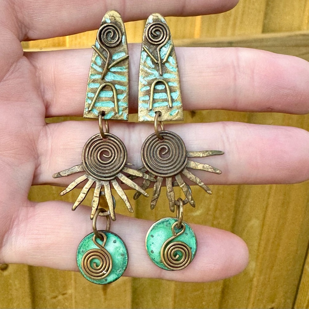 Vintage Artisan handmade Brutalist mixed metal boho earrings.